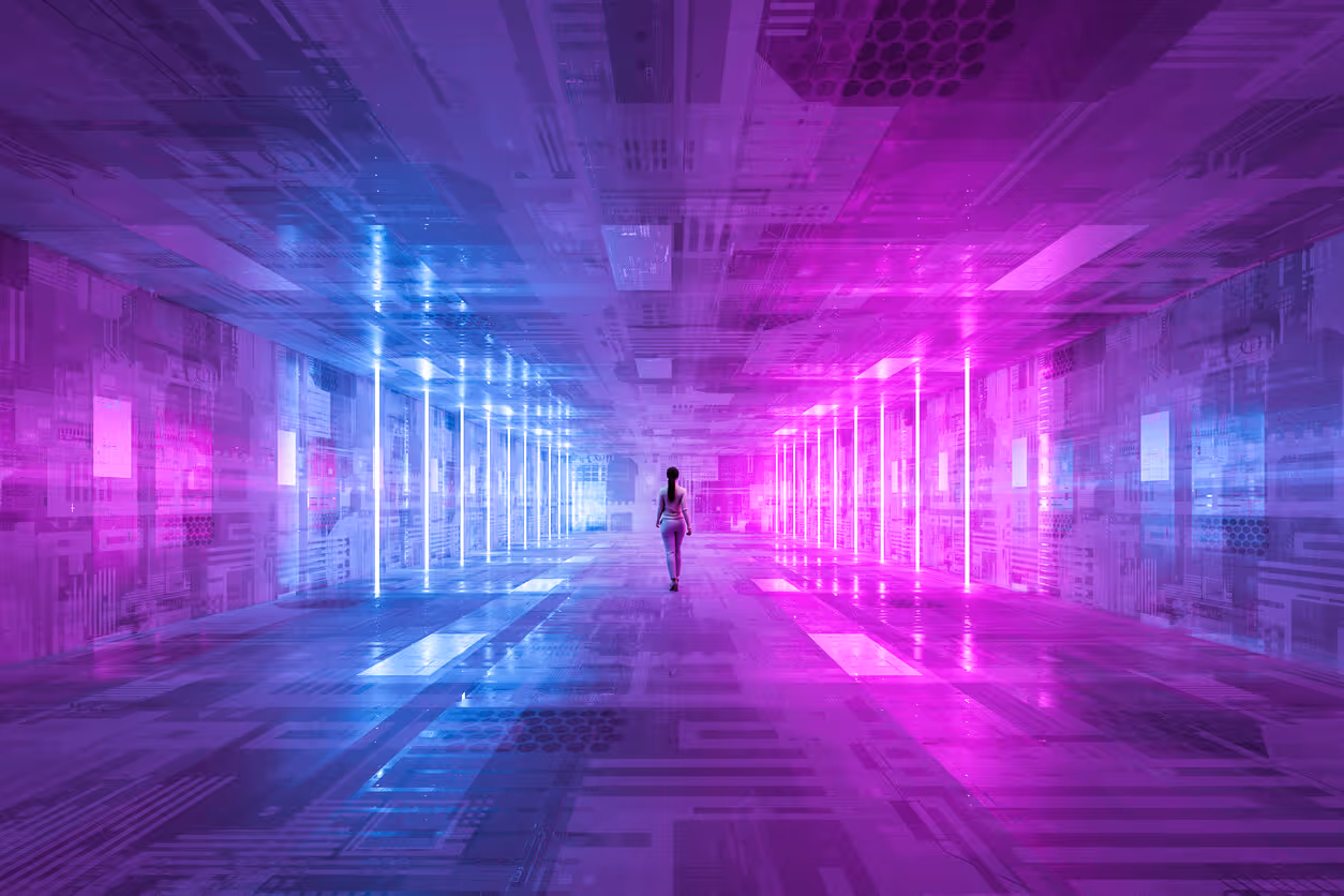 Businesswoman walking in futuristic illuminated dark corridor. Learn how to master crafting digital experiences that resonate with your audience, boost engagement, and drive growth with our practical guide.