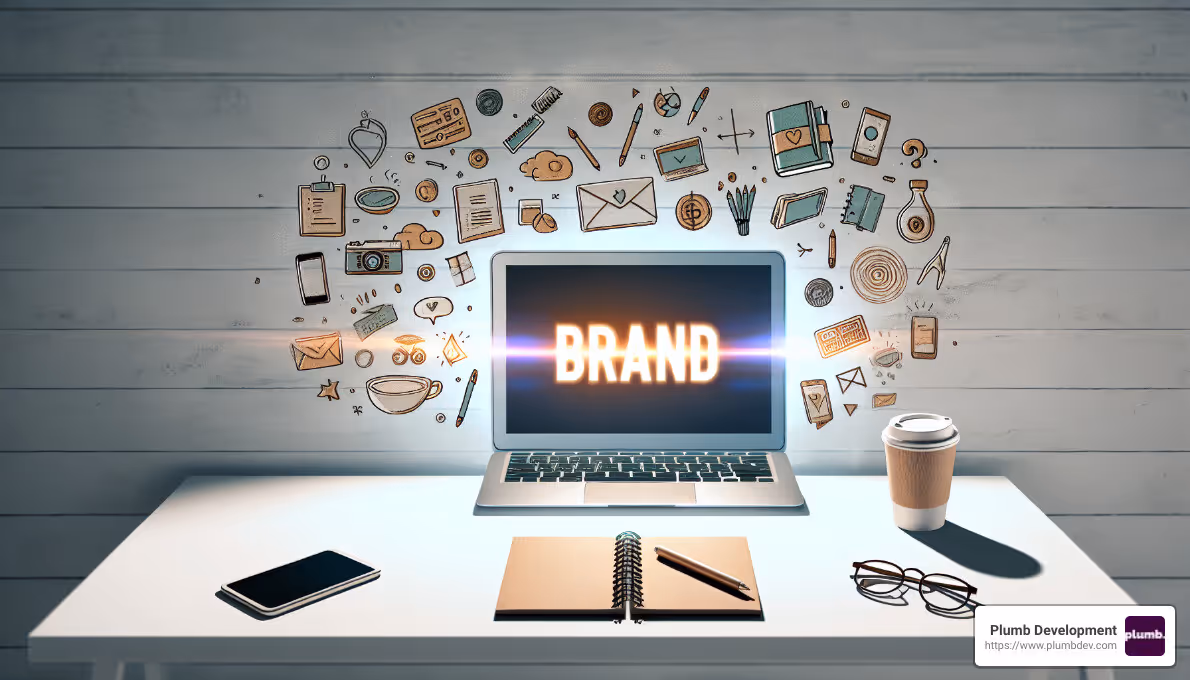 illustration of laptop on desk with brand on the screen discover how brand development services can elevate your business, enhance trust, and differentiate your market present