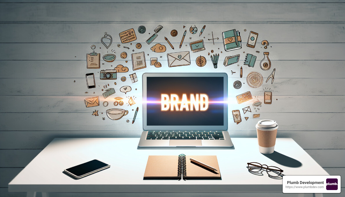 illustration of laptop on desk with brand on the screen discover how brand development services can elevate your business, enhance trust, and differentiate your market present