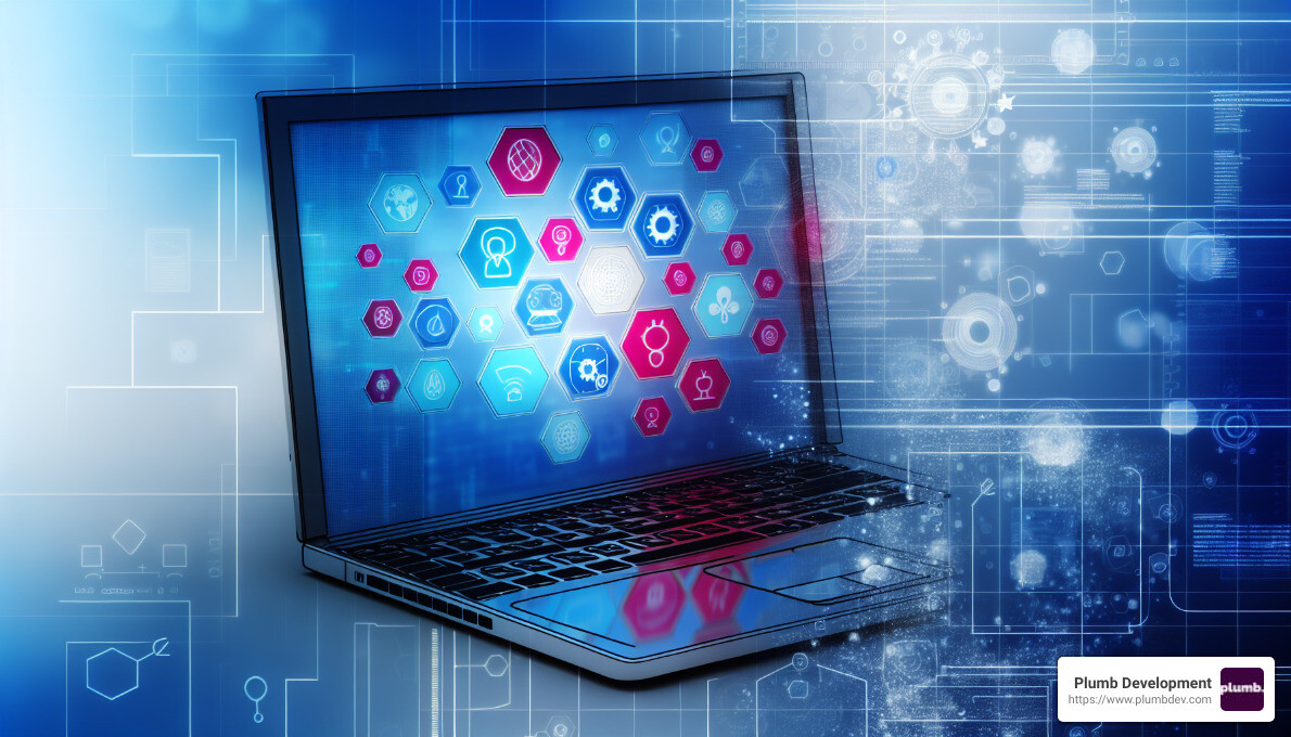 laptop with development symbols - Discover 2024's top custom software application development companies. Learn key factors, costs, and best practices for success.