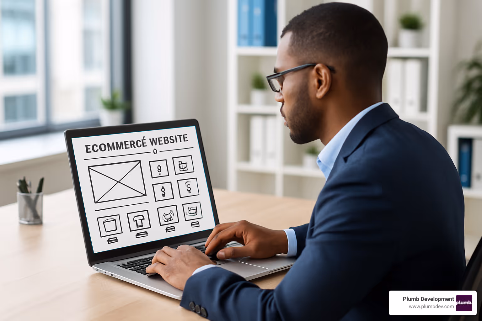 man sitting at laptop with ecommerce website design on the site - discover stunning ecommerce website designer examples, key features, and expert tips to boost your online sales and brand appeal.