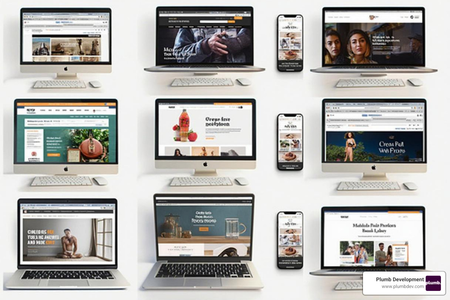 Responsive grid layout showing multiple ecommerce website examples across desktop, tablet, and mobile devices - ecommerce website designer Responsive grid layout showing multiple ecommerce website examples across desktop, tablet, and mobile devices - ecommerce website designer