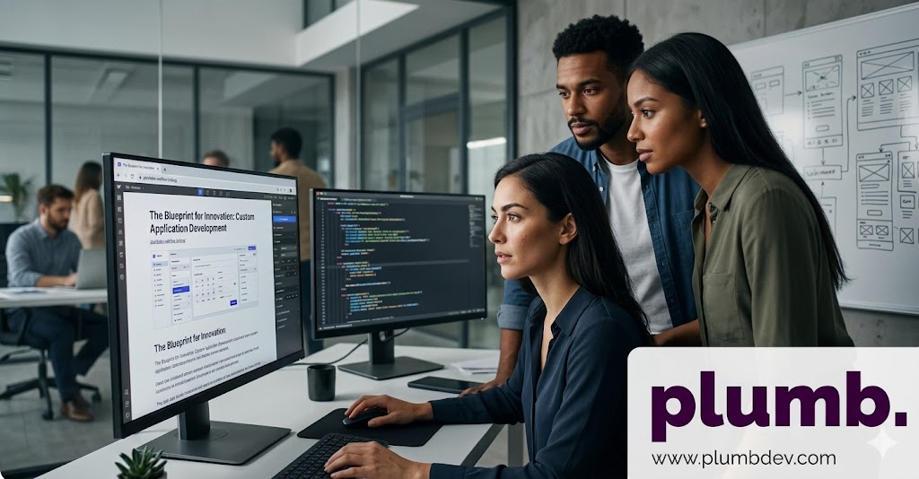 Gemini said An intimate, cinematically lit portrait of a diverse team of three developers—two women and one man—collaborating intently in a modern, professional office. One woman sits at a large monitor displaying "The Blueprint for Innovation: Custom Application Development,"