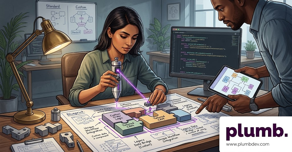 A detailed digital illustration of a diverse team collaborating on custom software development within a well-equipped office. A woman sits and uses a purple laser tool to pinpoint sections on a complex blueprint labeled with system components like "Custom Order Logic," "Tailored CRM," and "Legacy Data Bridge."
