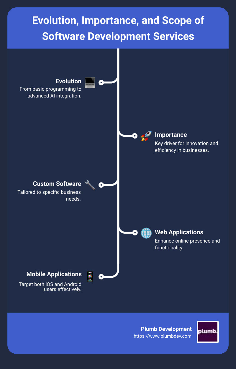 Infographic showing the evolution, importance, and scope of software development services, highlighting key services such as custom software, web and mobile applications, cloud consulting, DevOps, AI and ML, and QA. It shows a timeline, icons for different services, and stats on importance. - software development services infographic infographic-line-5-steps
