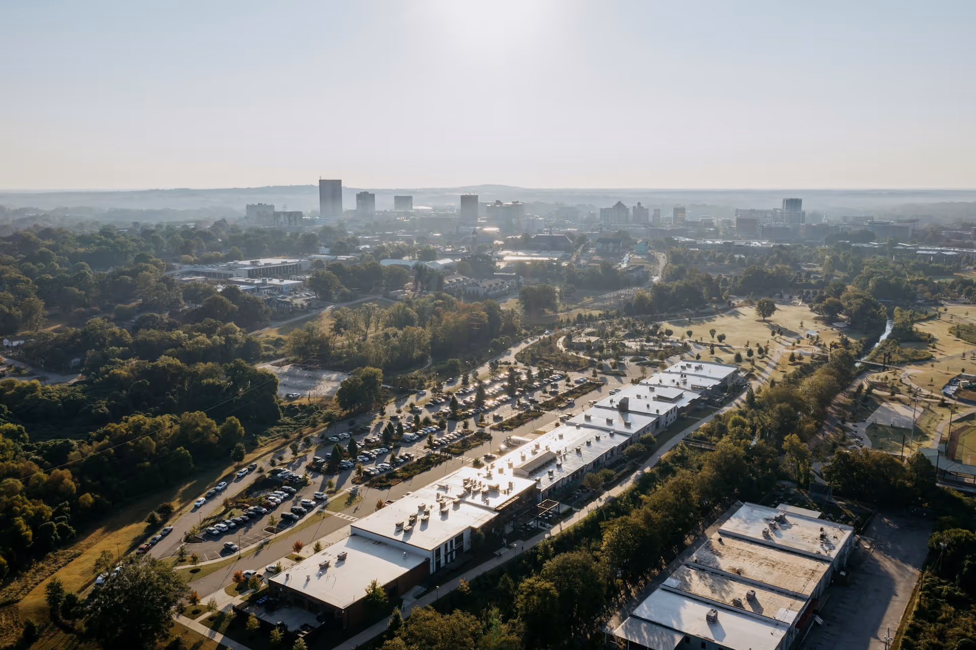 An aerial shot of Unity Park in Greenville, SC, where Andy Maxey of AMAX Flooring serves homeowners