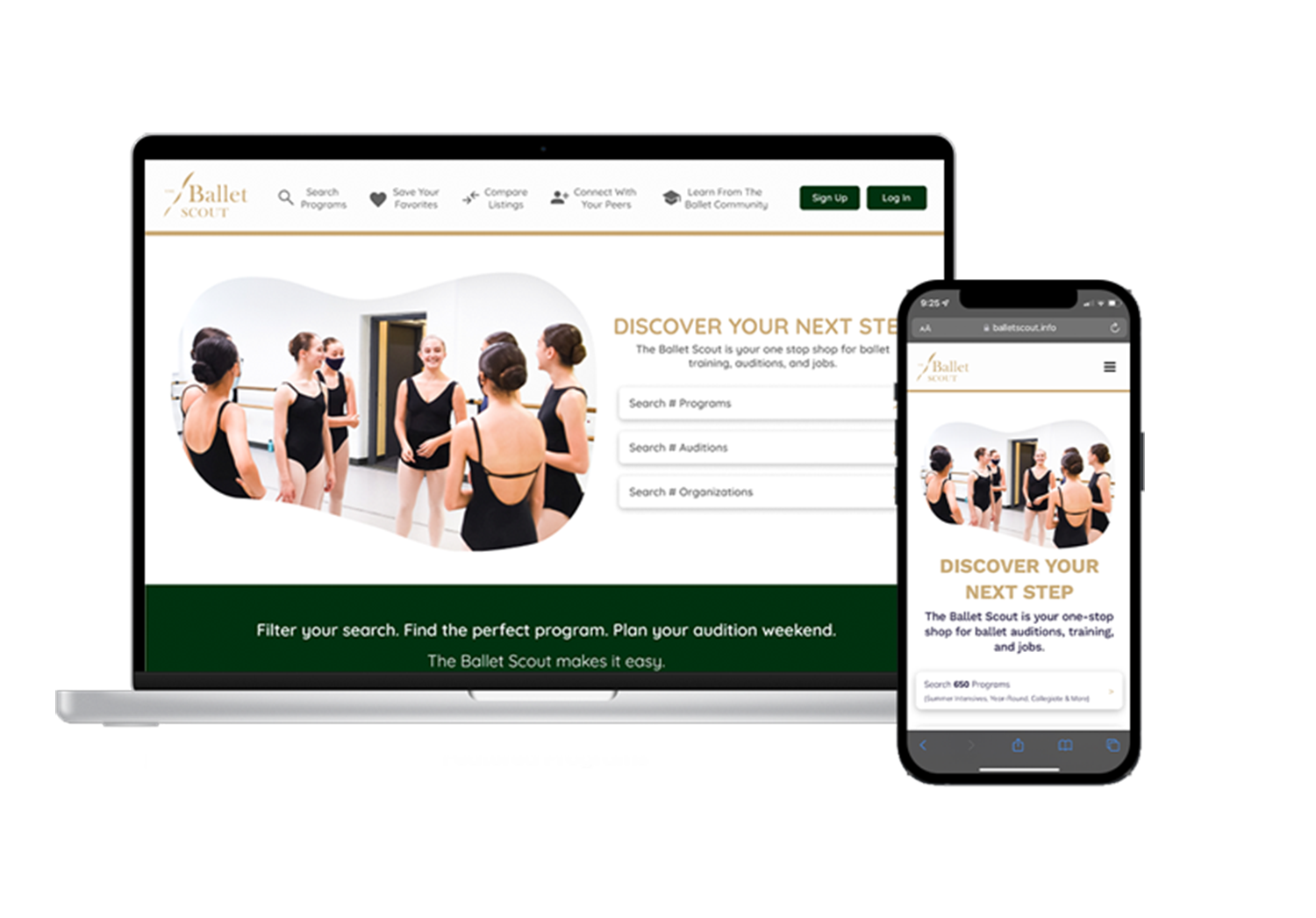 laptop and phone with the ballet scout website
