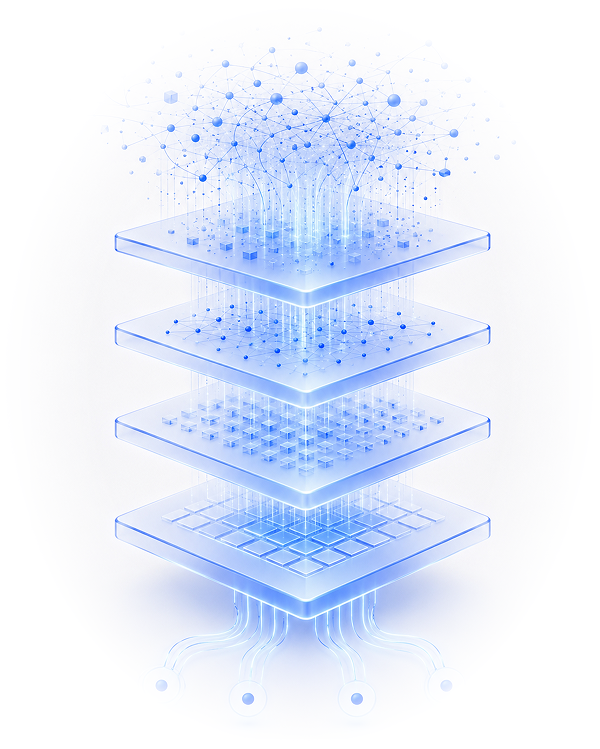 Four translucent digital layers stacked vertically with connecting nodes and data streams in blue light.