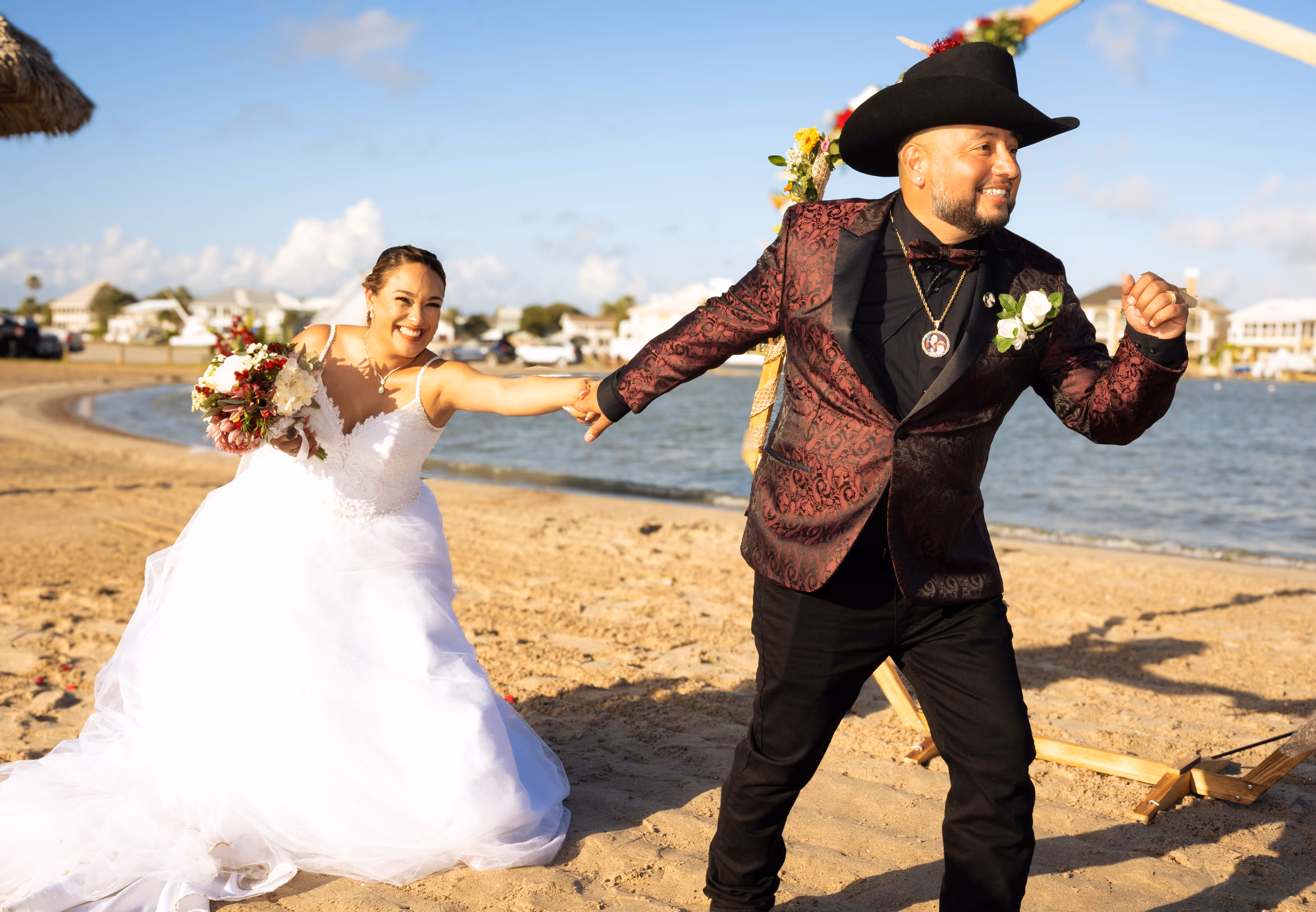 Bride preventing Groom from running away photo