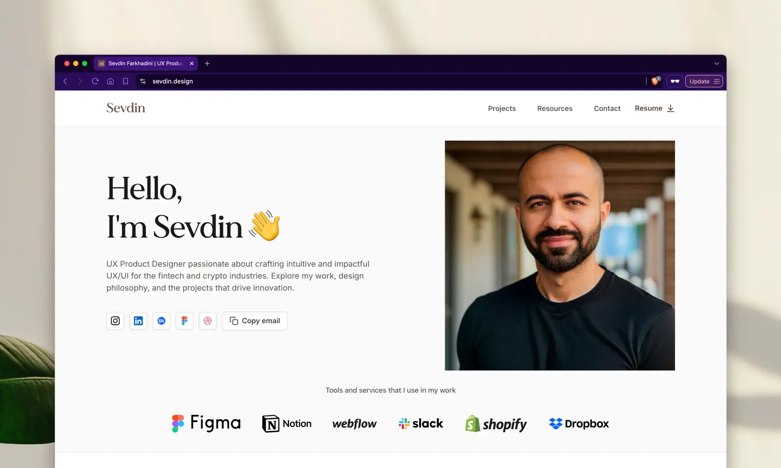 A screenshot of a Sevdin Farkhadini's website