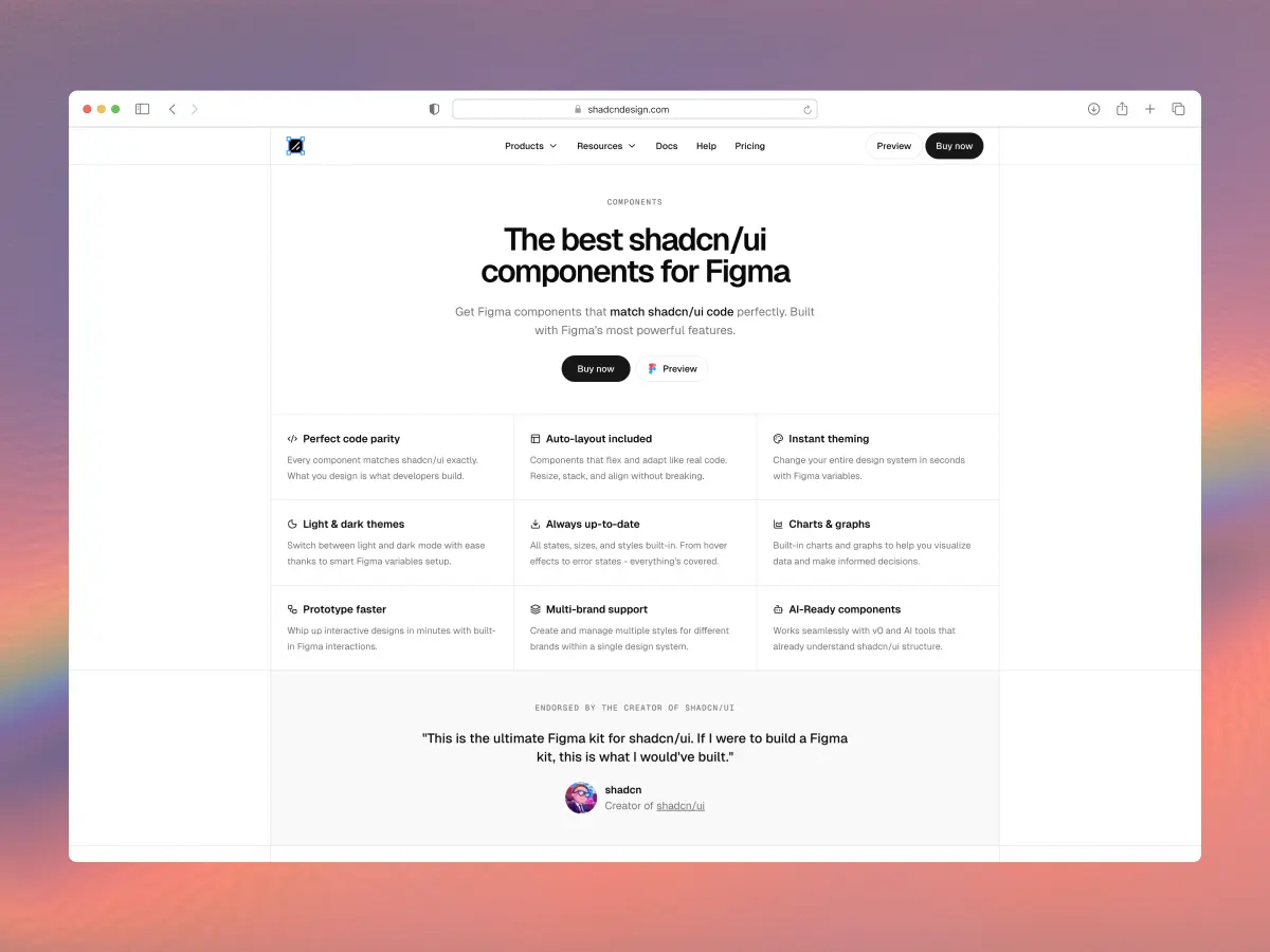 shadcn/ui kit for Figma website screenshot