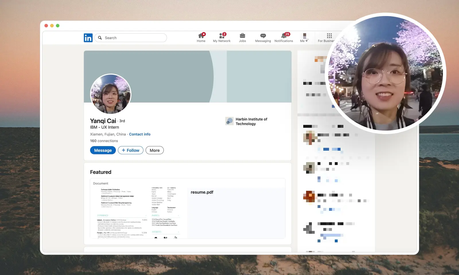 A screenshot of a Yanqi Cai's LinkedIn