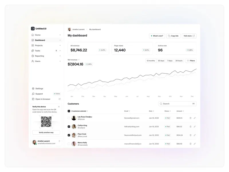 Concept for an online store analytics dashboard UI design with customers table