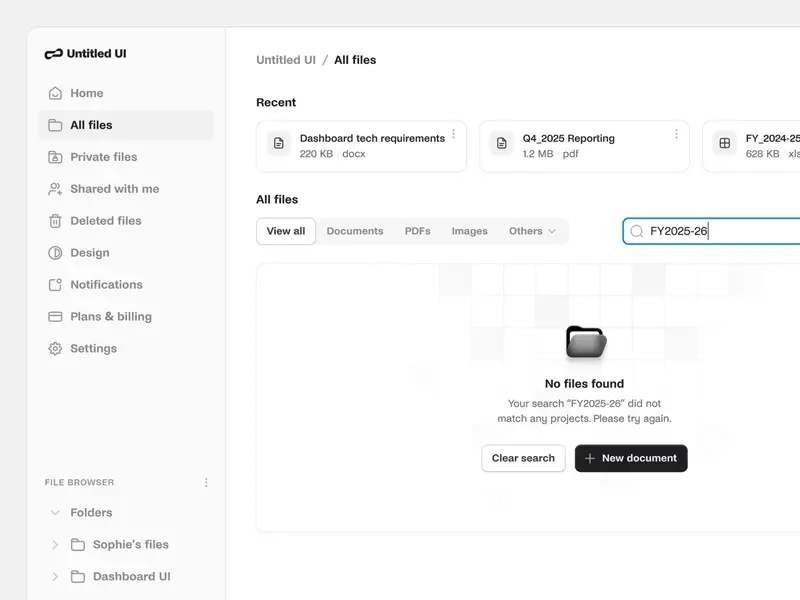 A super simple search empty state UI design for a file management tool