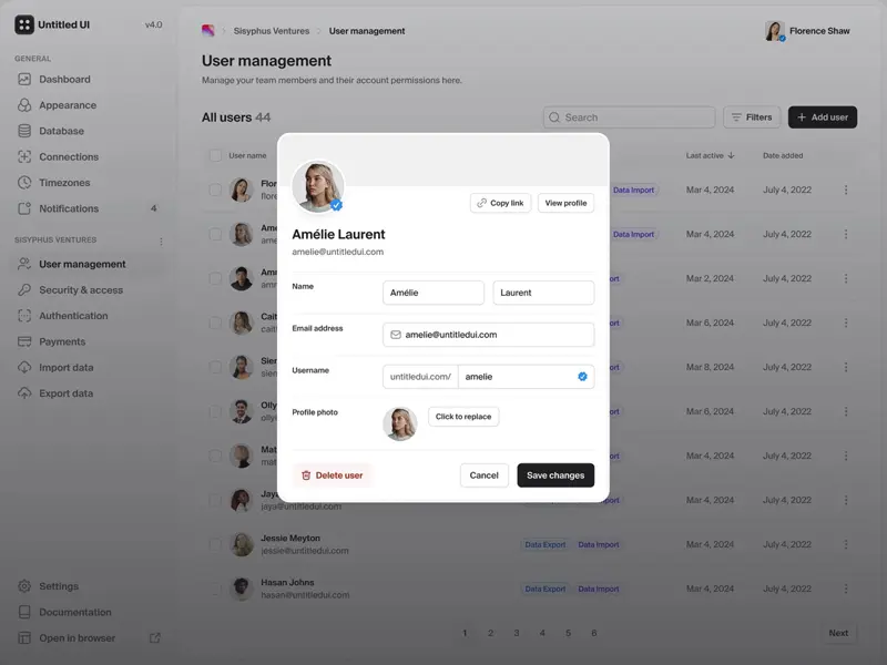 Modal UI design to allow users edit and manage user profiles and details.