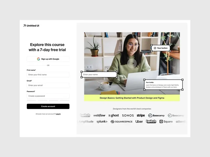 Super simple sign up form web design for an online course free trial