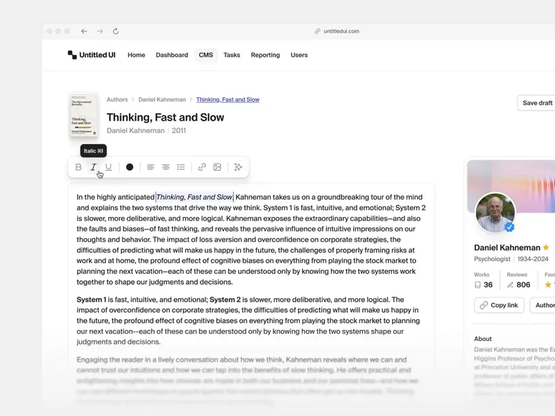 A CMS text editor UI design to manage a book profile summary