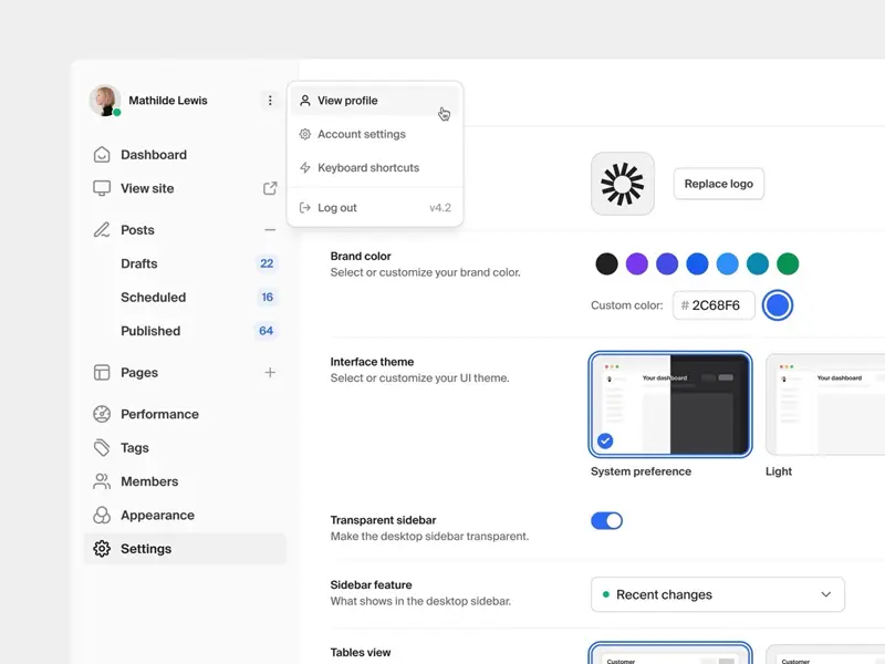 Settings page UI design to allow users to customize their app appearance
