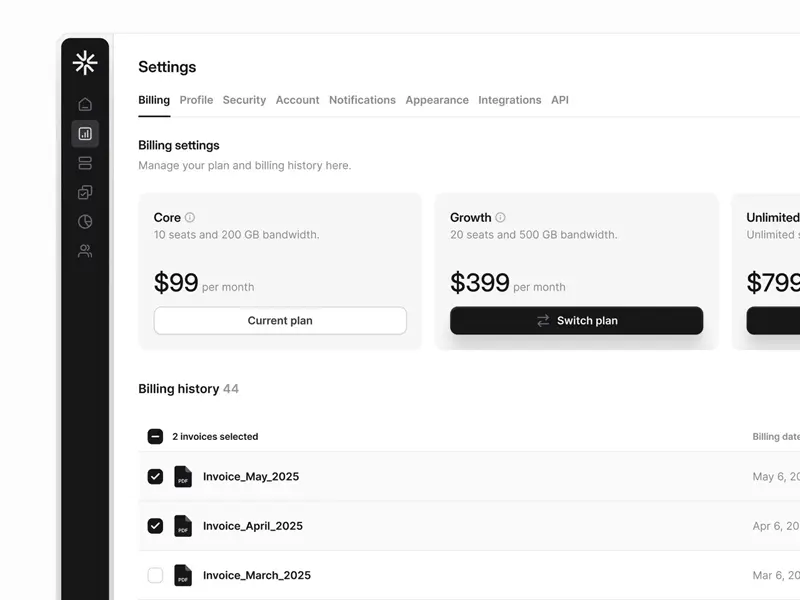 Dashboard/SaaS billing settings page UI design with plans and billing history