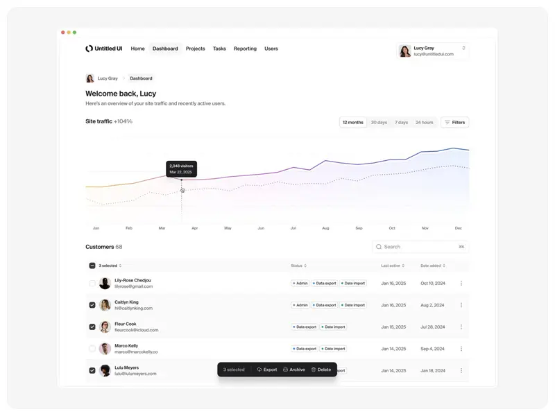 Concept for an online store analytics dashboard UI design with customers table