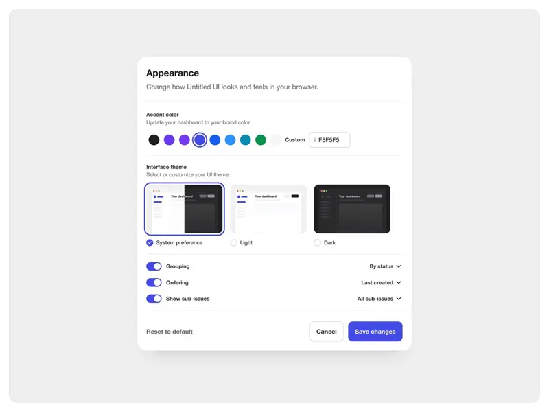 Simple modal UI design to manage appearance settings