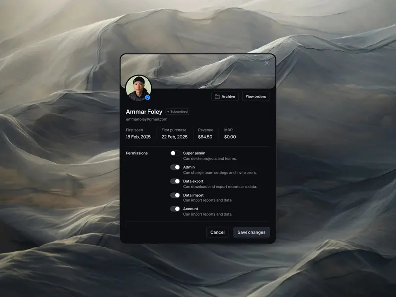 Simple modal UI design to manage a user's settings and permissions