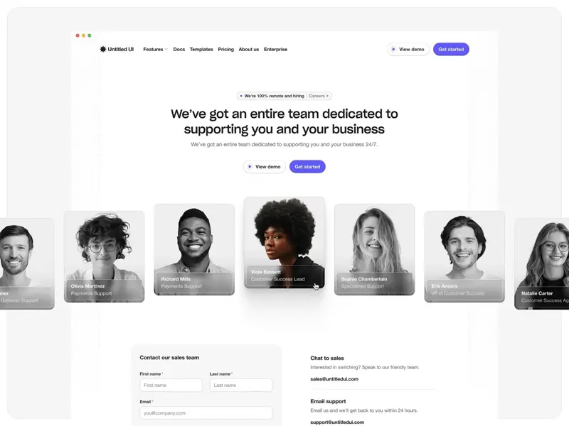 Super simple team page web design with contact details and testimonials