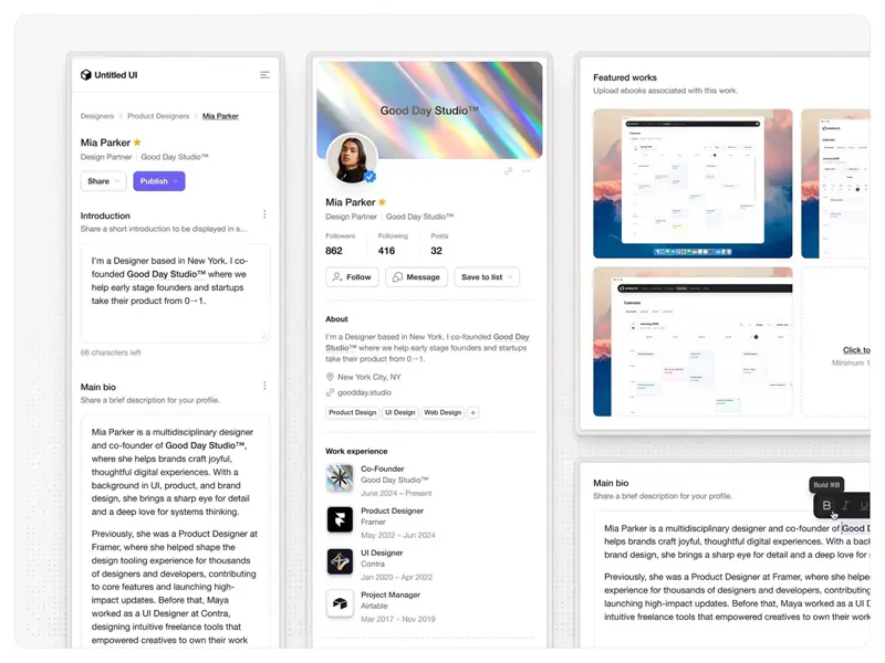 A clean, minimal designer profile UI design with introduction and work experience