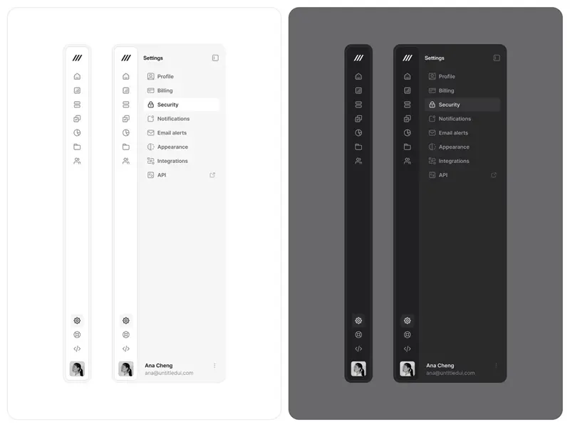 Minimal sidebar nav menu UI design in light and dark mode