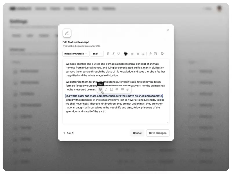 A simple but functional rich text editor modal UI design