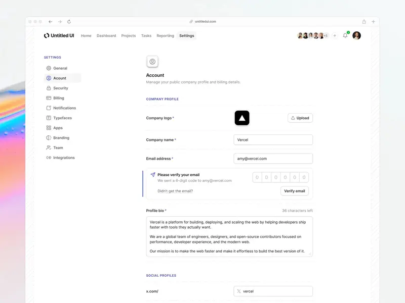 Minimal account details settings page UI design