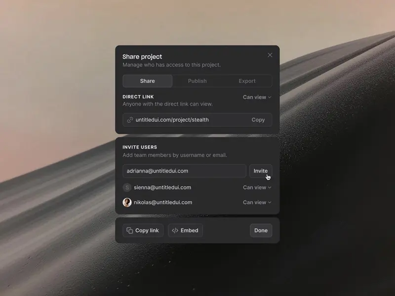 Super simple and functional modal UI design to share a file and manage access permissions