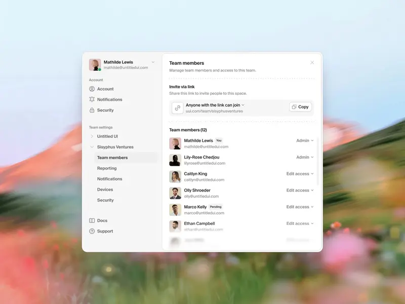 Super simple and functional modal UI design to manage team members and invite access