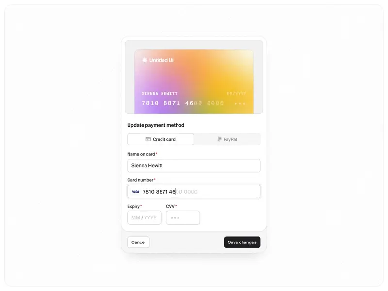 Concept for a clean, minimal, and usable payment update modal UI design