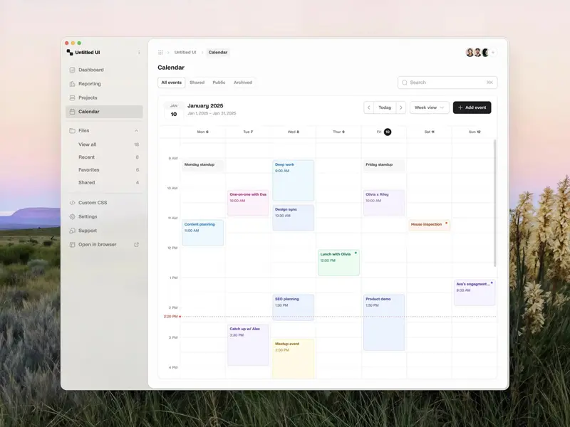 Simple and functional in-app calendar in "week view" UI design