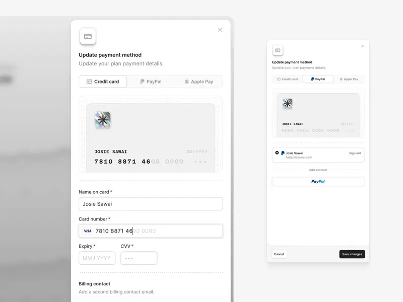 Concept for a clean, minimal, and usable payment details slideout menu UI design