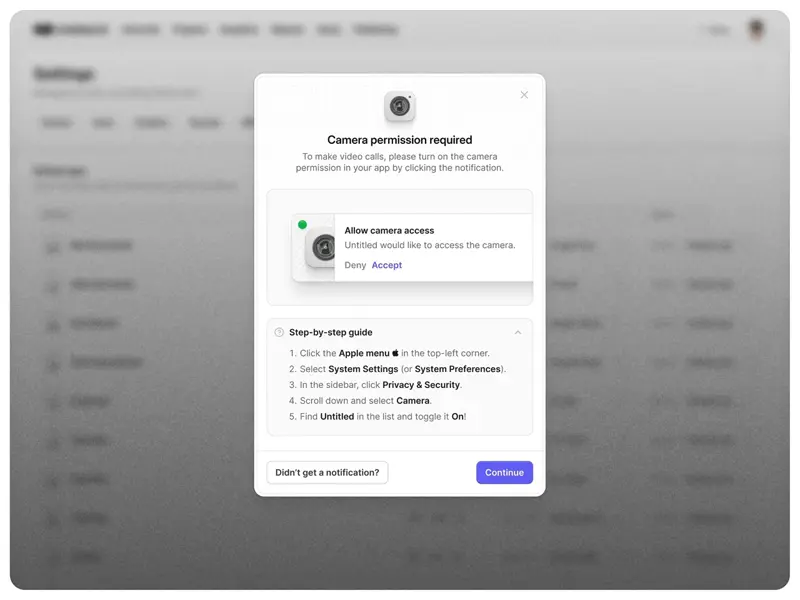 Super simple modal UI design to prompt user to manually turn on camera permissions
