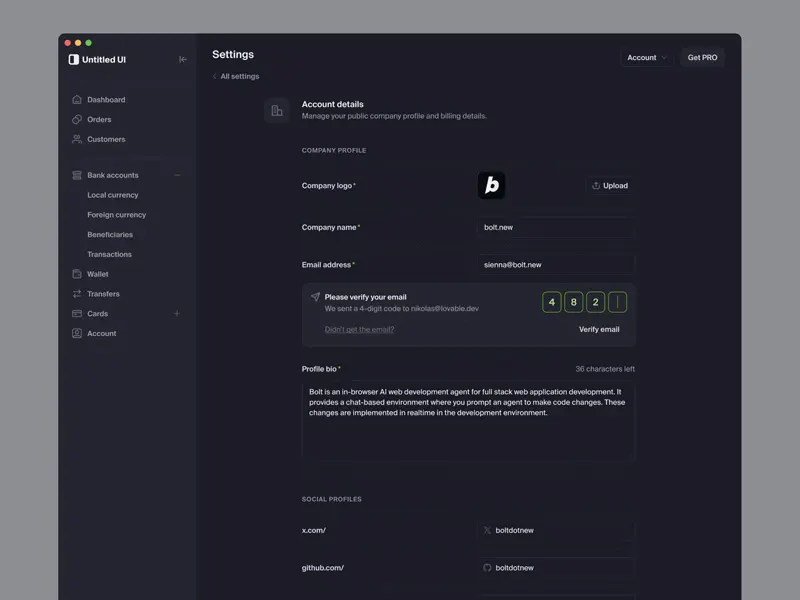 Minimal account details settings page UI design