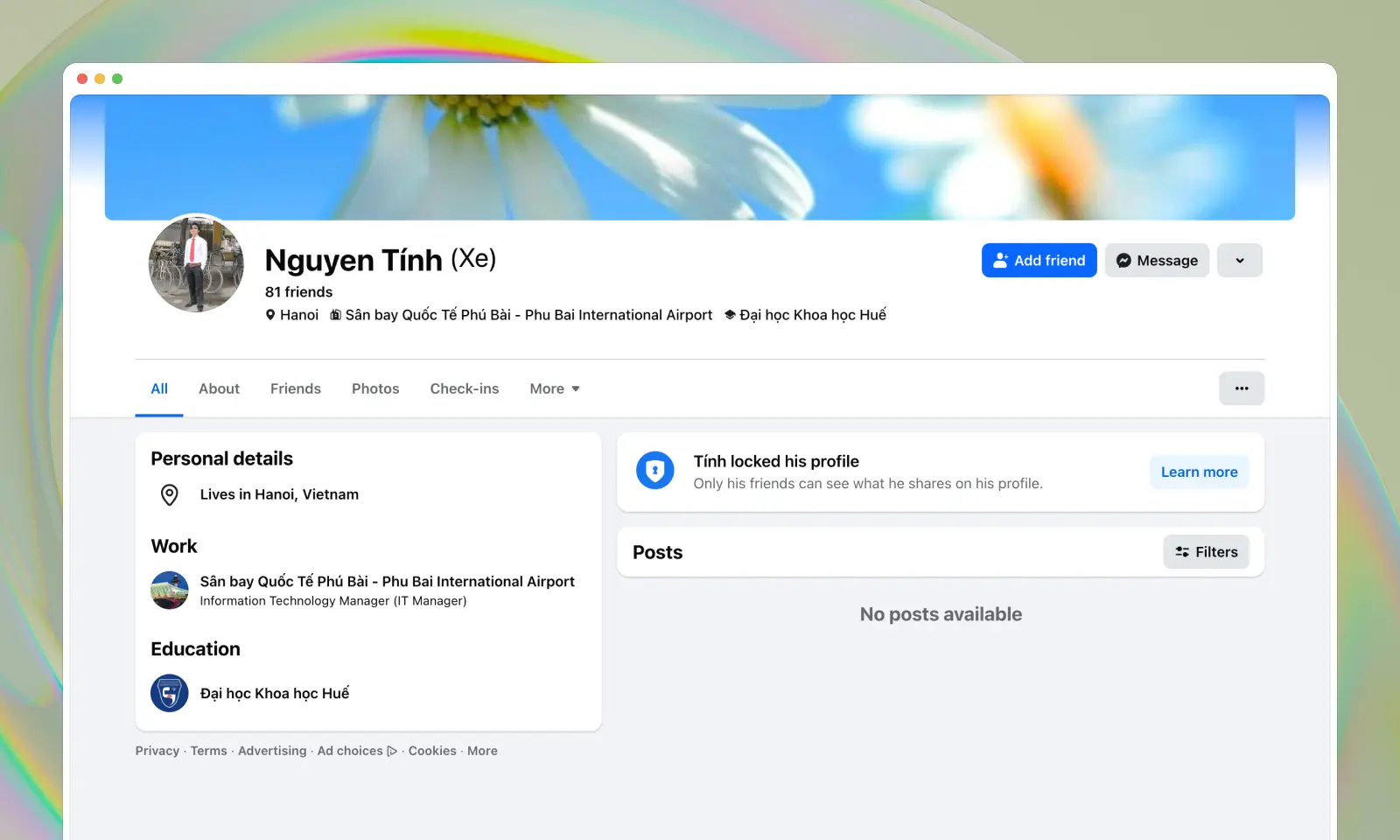A screenshot of Nguyen Tính's Facebook