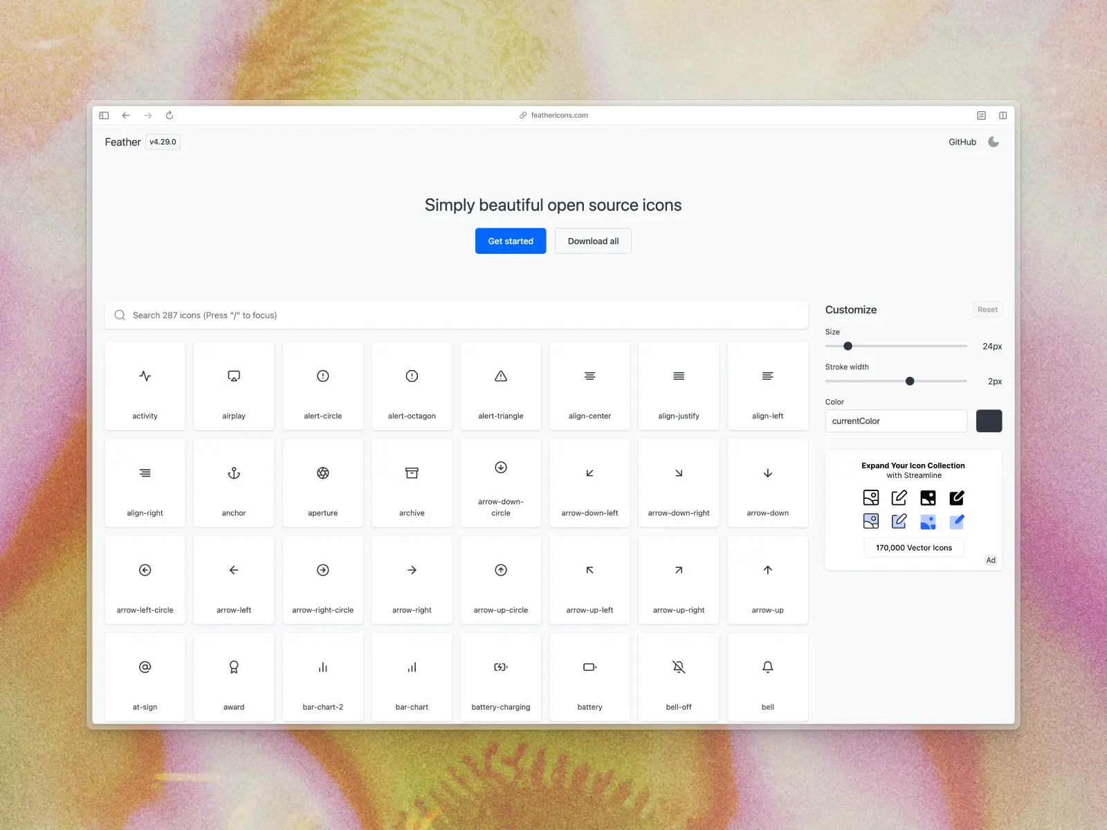Feather Icons website screenshot