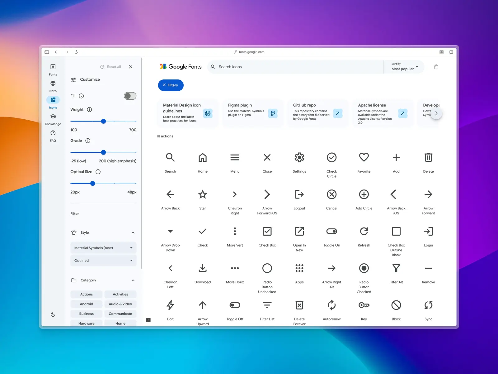 Google Material Icons website screenshot