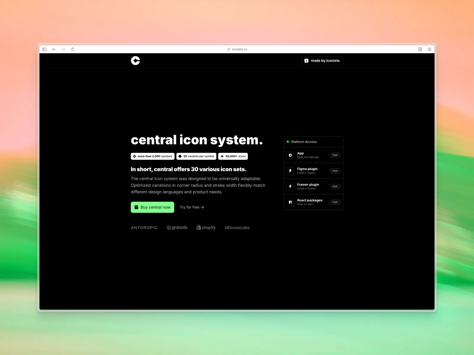 Central Icons website screenshot