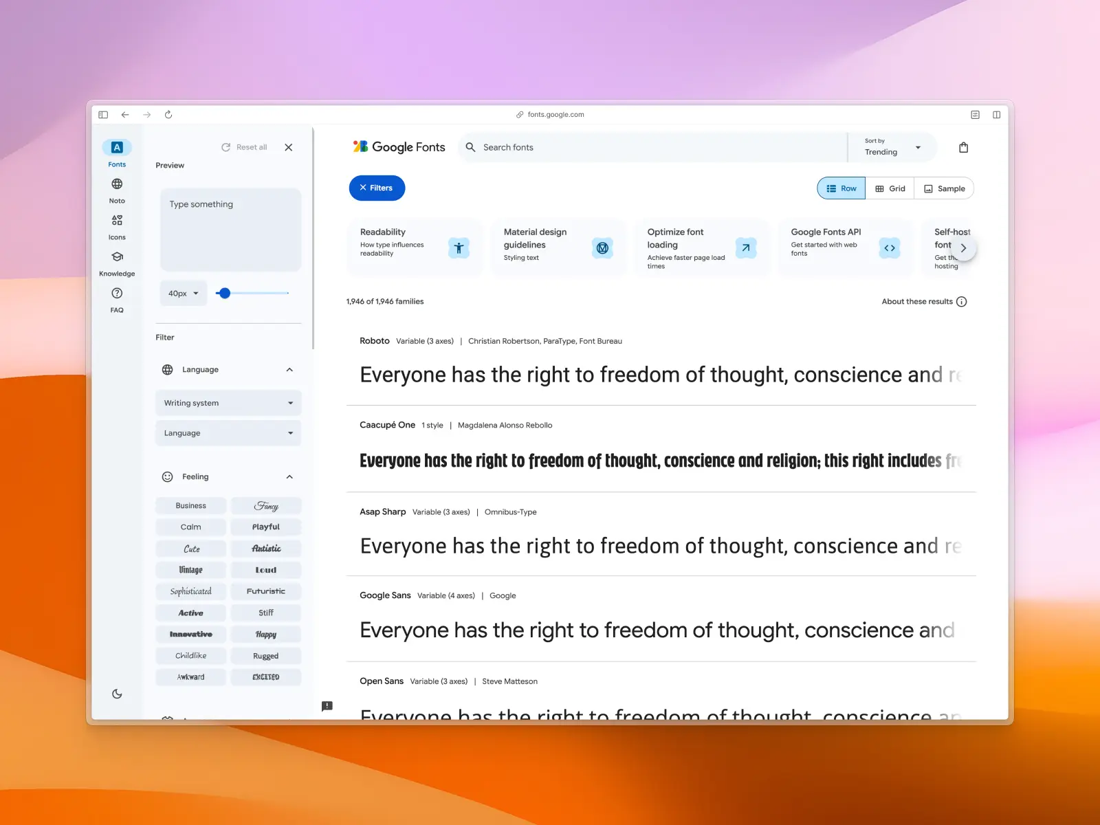 Google Fonts website screenshot