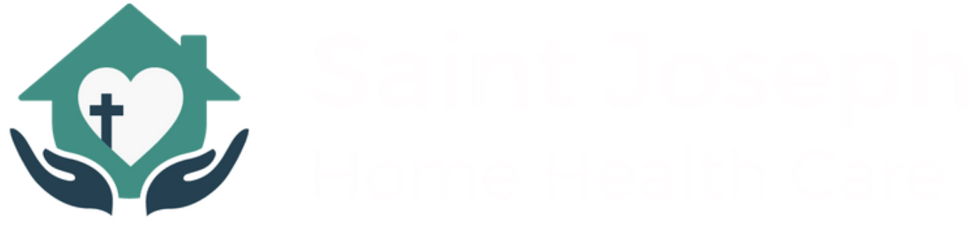 Logo of Saint Joseph Home Health Care featuring a teal house with a white heart and cross inside, supported by two hands below.