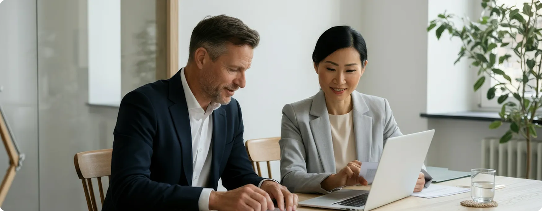 Two business professionals, a man and a woman, working together at a desk with a laptop in a modern office.