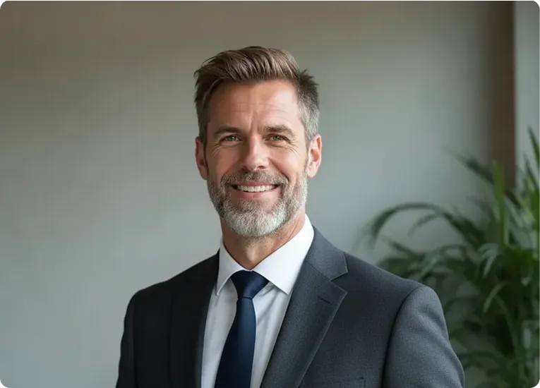 Smiling middle-aged man with gray hair and beard wearing a dark suit and blue tie standing in front of a blurred indoor background with a plant.
