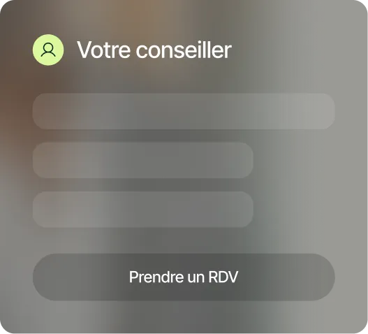 Interface section titled 'Votre conseiller' with a user icon and a button labeled 'Prendre un RDV'.