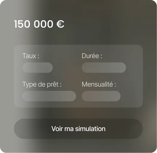 Loan simulation interface showing an amount of 150,000 euros with fields for rate, duration, loan type, and monthly payment, and a button labeled 'Voir ma simulation'.
