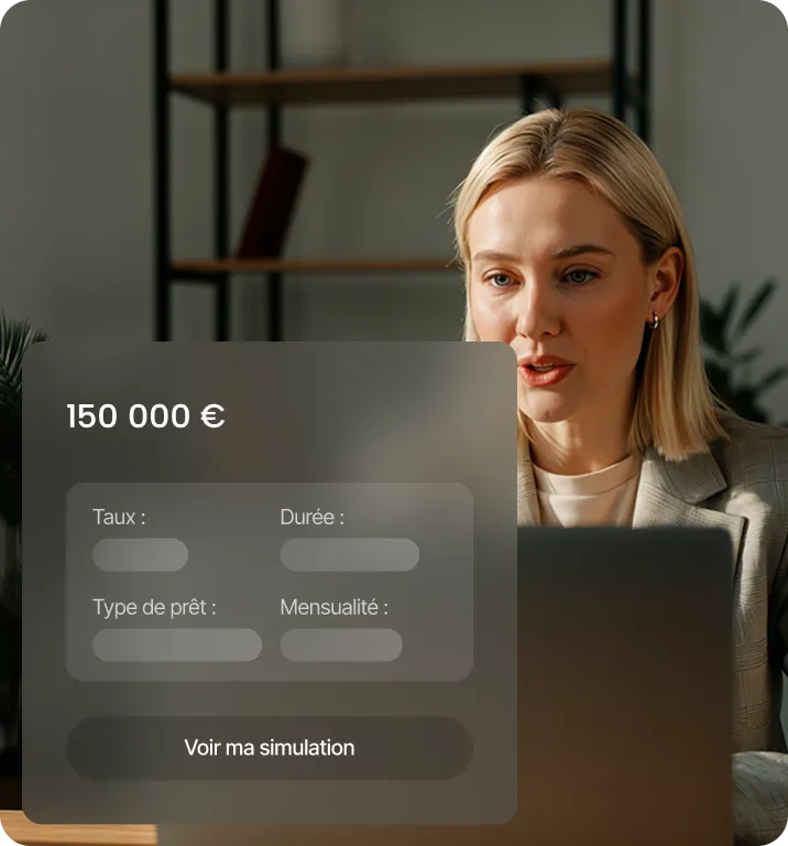 A woman sitting at a table looking at a laptop screen with a mortgage simulation overlay showing a loan amount of 150,000 euros and fields for interest rate, duration, loan type, and monthly payment in French.