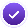Purple circle button with a white checkmark in the center.